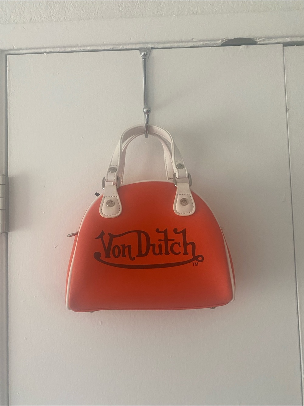 Von Dutch Orange Dome Satchel with White Handles and Logo new!